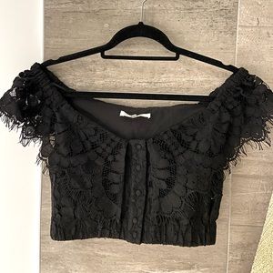 WAYF Off The Shoulder Black Lace Crop Top